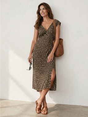 Madewell Dress Women Midi Floral Green V-Neck Size 0 Cap Sleeve